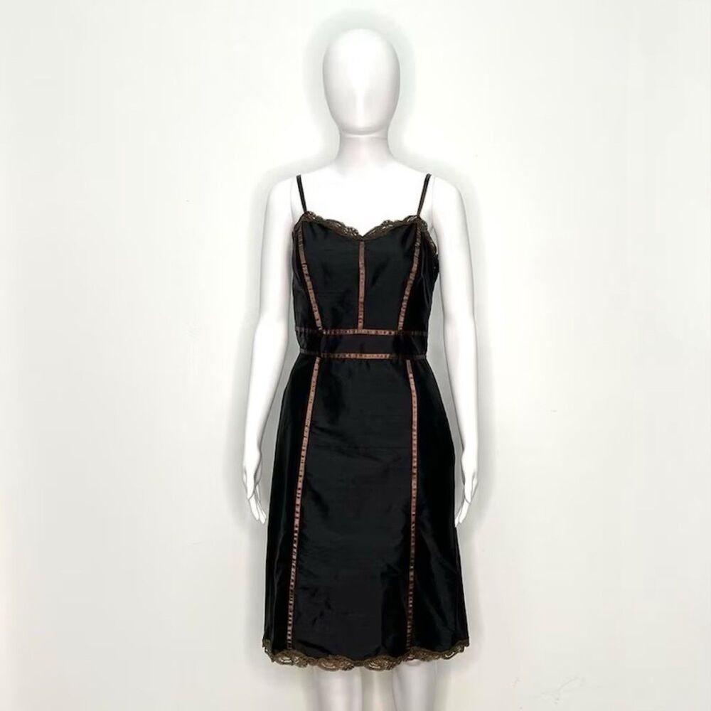 1990s BETSEY JOHNSON black silky dress w brown lace detail size small